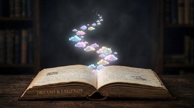Open old fantasy book on desk with a spiral trail of colorful clouds, imagination concept