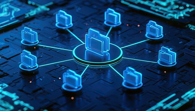 Digital network connecting data folders in a futuristic circuit board design
