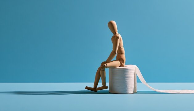 Wooden mannequin sits slumped on a roll of toilet paper against blue