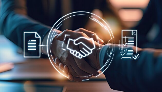 Business partners finalizing agreement with digital handshake illustration