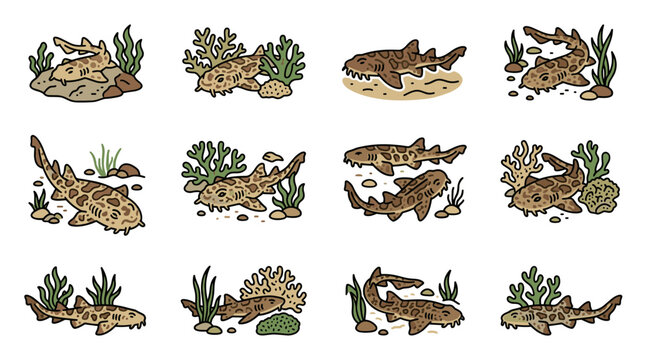 Cute Cartoon Shark Family Underwater Scene Collection, Reef Life, Marine Animals