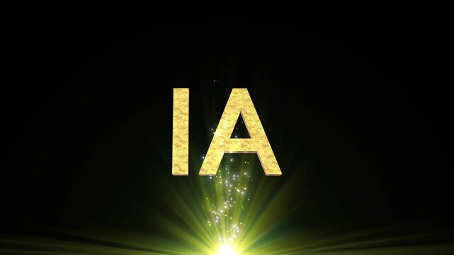3D Golden AI, Artificial Intelligence Logo Text Logo Rotating Loop with Neon Glow and Glittering Gold Particles on Black Background.