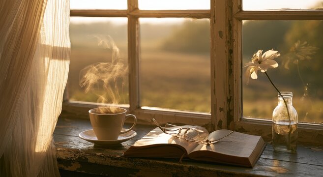 Steaming coffee cup, open book, and flower by a sunlit window