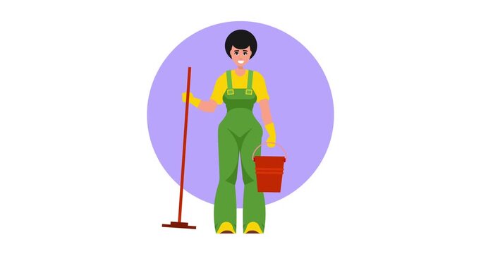 Animated flat vector of a female cleaner holding a mop and a red bucket. Ideal for housekeeping, professional cleaning, domestic chores, and home maintenance
