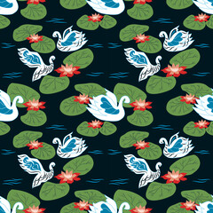 Obraz premium Graceful White Swans and Blooming orange Lotus Flowers Seamless Pattern Vector on Dark Navy Background