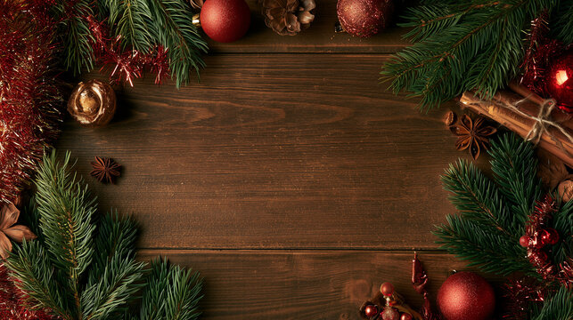 A background with space for text. Wooden texture, empty inside, surrounded by cozy Christmas attributes, including spruce trees, tinsel, and Christmas tree decorations