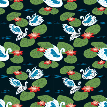 Graceful White Swans and Blooming orange Lotus Flowers Seamless Pattern Vector on Dark Navy Background