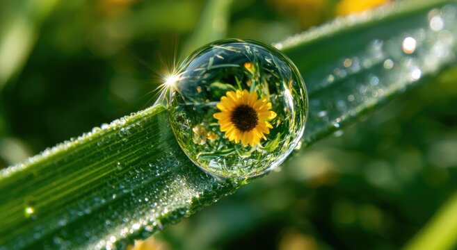 Sunlit dewdrop on grass blade refracts a miniature sunflower in vibrant detail