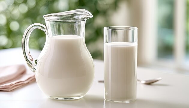 A clear pitcher and glass filled with white liquid on a table