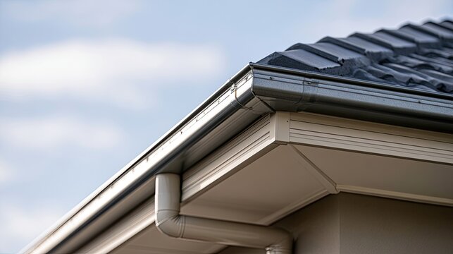 Close-up of a modern house's roofline with grey shingles and white gutters
