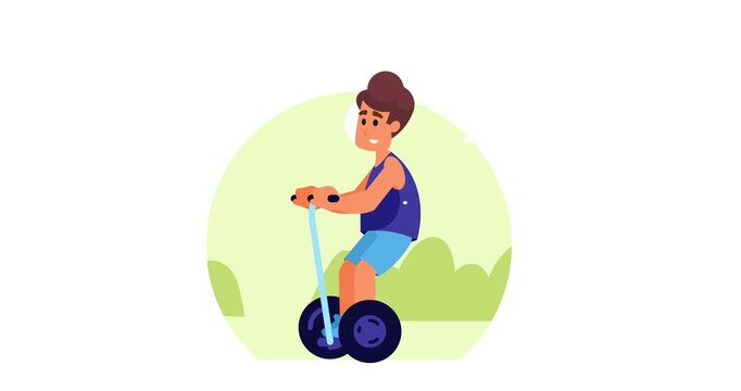 Animated man riding a two-wheel electric scooter. Represents active lifestyle, summer fun, and modern urban mobility. For transport videos animation
