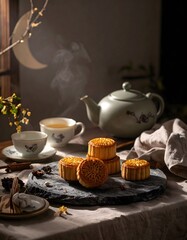 Fototapeta premium Mid-Autumn Festival: A steaming cup of tea accompanies a stack of golden mooncakes on a dark slate plate, set against a softly lit backdrop with a crescent moon motif.