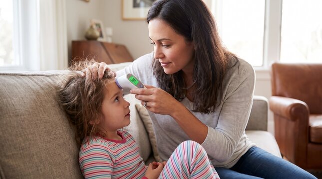 Mother Taking Sick Daughter's Temperature with Digital Infrared Thermometer at Home
