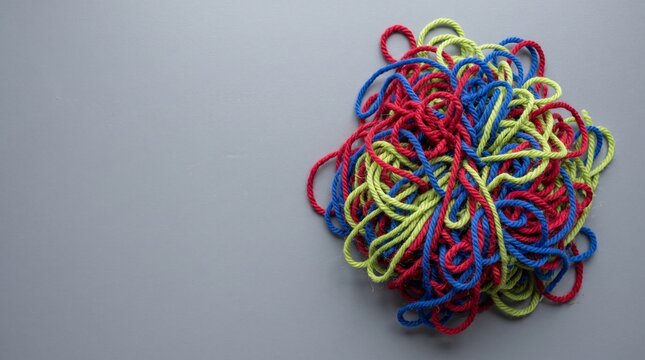 Tangled colorful yarn ball on gray background, messy pile of red blue and yellow wool strings, chaotic fiber art texture for craft and hobby concepts