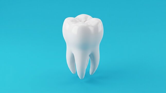 Clean white human tooth on bright blue background, molar tooth for dental healthcare concept, medical 3d illustration of healthy tooth anatomy