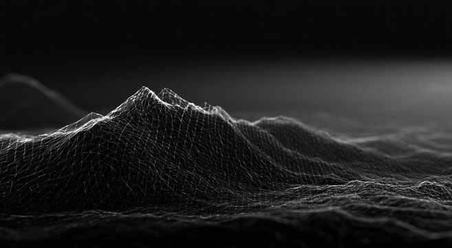 Ethereal digital landscape with glowing geometric peaks and valleys in monochrome