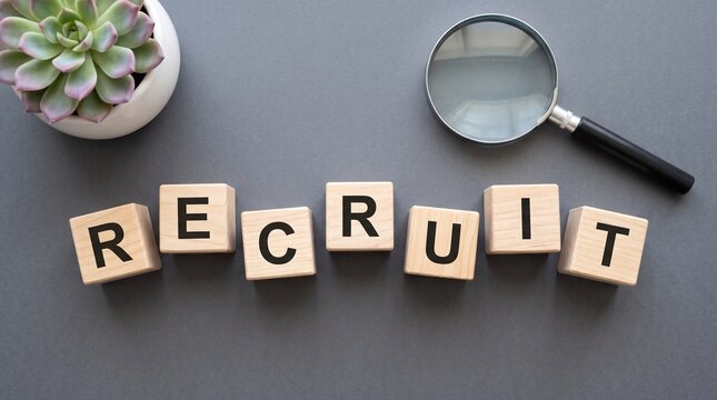 Recruitment word on wooden blocks with magnifying glass, human resources hiring concept, professional talent acquisition and job search background