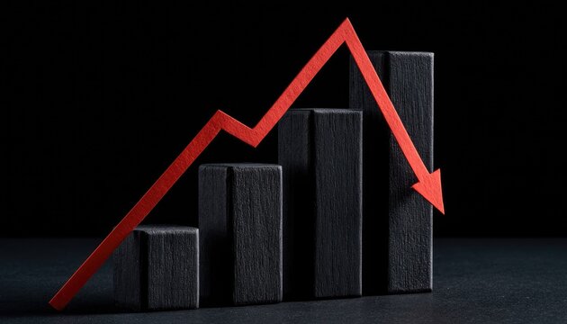 Stark, dark bar chart with red arrow indicating a sharp downward trend