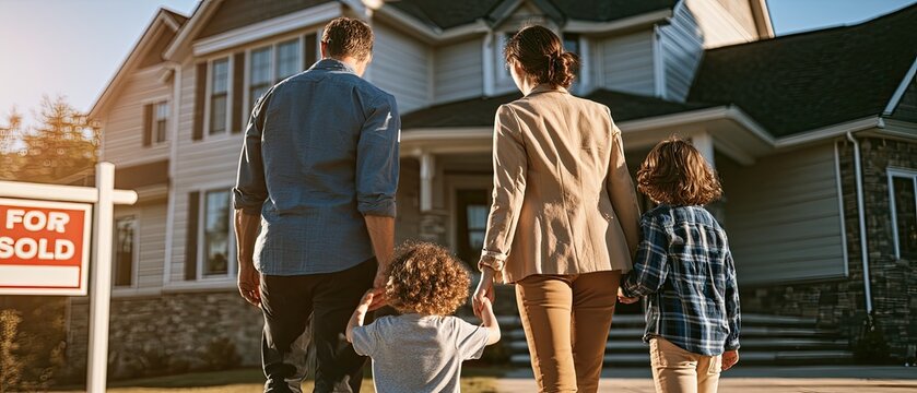 Family walks toward new house with "For Sale" sign