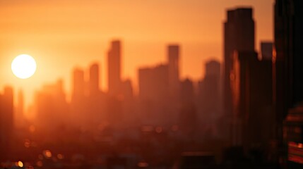 Obraz premium Blurred city skyline bathed in the warm glow of a setting sun