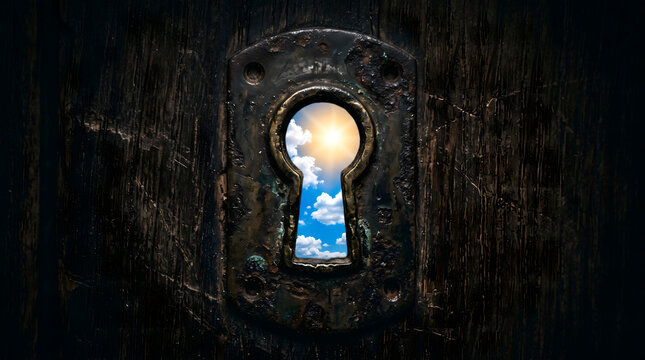 Conceptual view of a bright sunny sky through an old rusted keyhole on a dark wooden door
