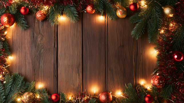 A background with space for text. Wooden texture, empty inside, surrounded by cozy Christmas attributes