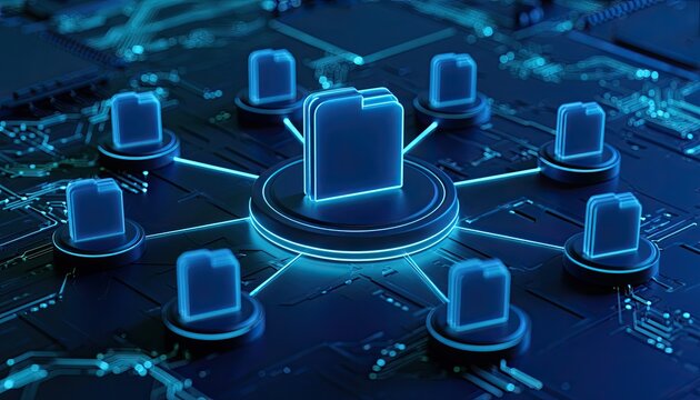 Glowing digital folders networked on a circuit board with blue lights