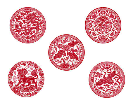 Batch 2: 5 Traditional Chinese Red Paper-cut Circular Silhouettes Bundle