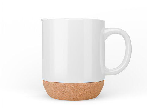 White Ceramic Mug with Cork Base Isolated on Transparent Background. 3d rendering