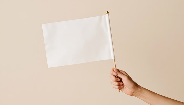 Blank white flag held by hand against a plain background