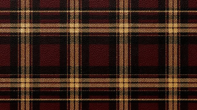 A close-up view of a classic tartan pattern with deep red squares and gold and black stripes