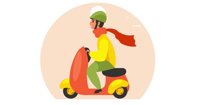 Animated flat illustration of a man wearing a helmet riding an orange moped scooter, scarf flying in the wind, sunny landscape scene