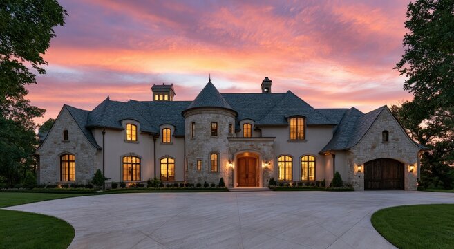 Opulent stone estate illuminated under a vibrant twilight sky