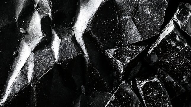 Closeup of black obsidian volcanic glass texture sharp edges and glossy surface of dark mineral stone, abstract geological background