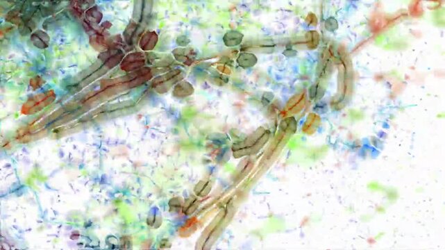 Colorful microscopic patterns in glowing organic network.