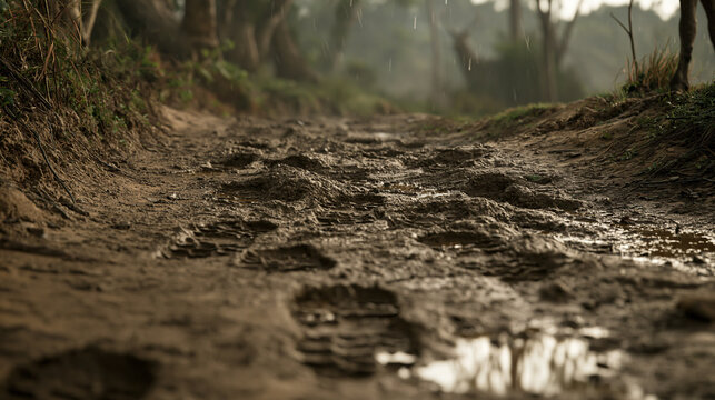 Close-up of a muddy path after rain, showing disorganized footprints in wet earth.