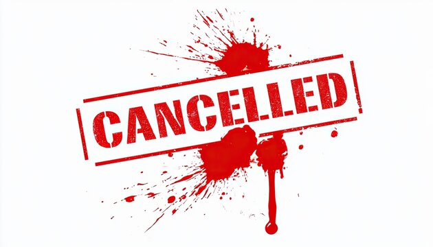 Red ink splatters surround a stamped "CANCELLED" message on a white background