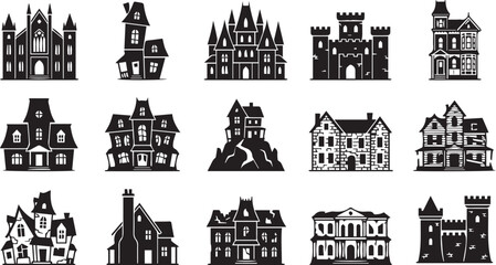 Naklejka premium Haunted House Halloween Icons Set – Spooky Haunted Mansion, Ghost, Cemetery and Horror Elements