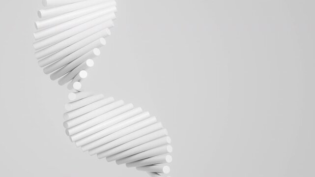 Abstract white DNA double helix made of molecular spheres and rods in a flowing circular composition. Minimal futuristic genome science animation rotating with depth of field. 4K UHD.
