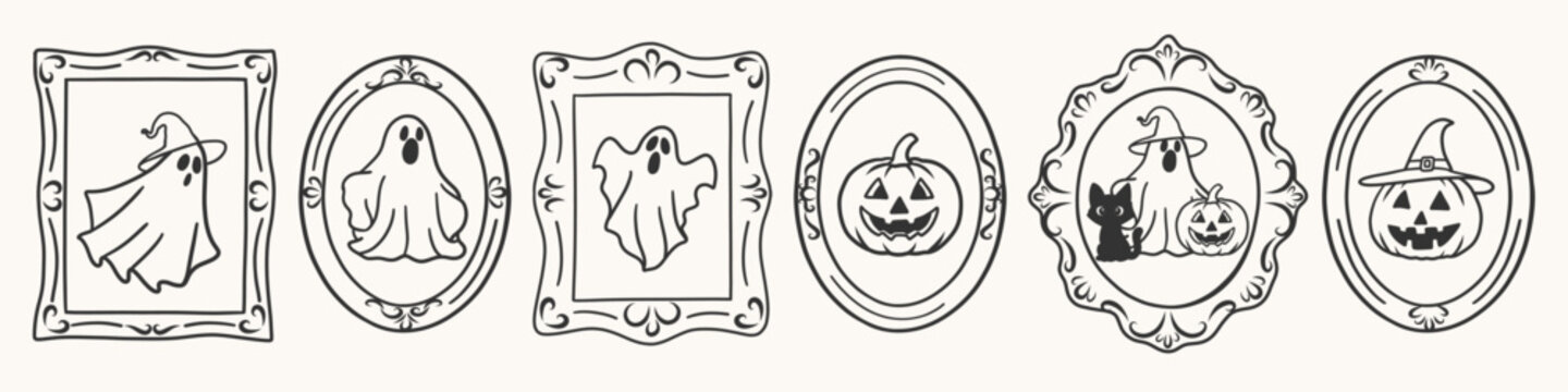Coquette Halloween vintage frames with cute ghost, witch hat pumpkin, black cat and jack o' lantern. Hand drawn whimsical ornate picture frames for Halloween greeting cards, stickers, posters