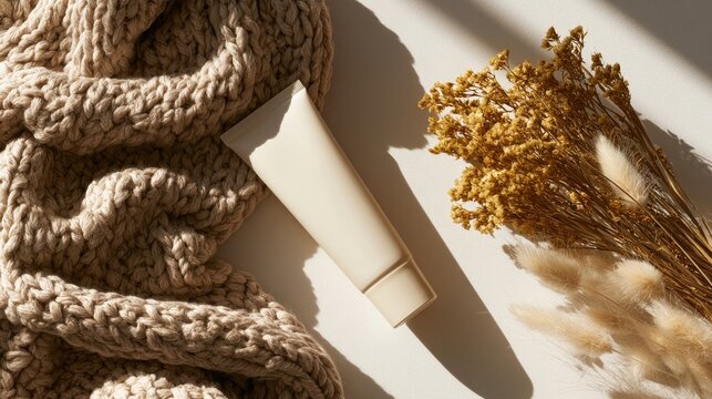 Cream tube near textured fabric and dried plants with soft light