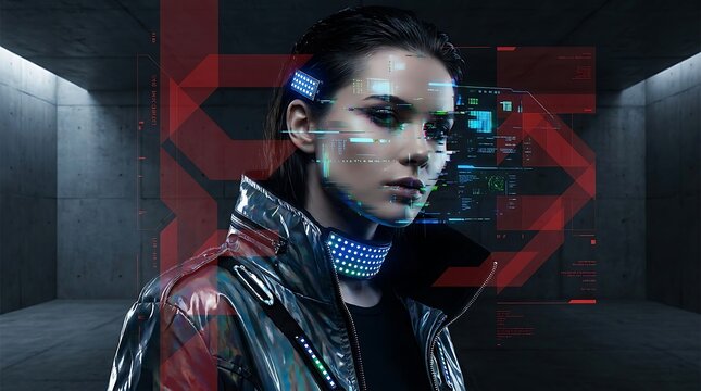 Futuristic cyberpunk woman with digital hud interface and glowing led tech wear in minimalist industrial setting