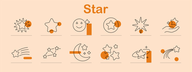 Star set icon. Radiant sparkle, geometric figure, smiling celestial, circular emblem, luminous burst, supportive gesture, flying streak, crescent constellation collection. © Anastasia