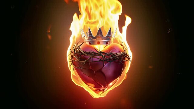 Sacred Heart engulfed in radiant flames, Christian represents divine love, sacrifice, faith, redemption