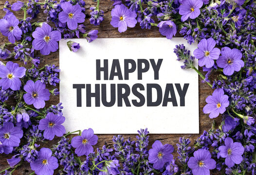 Beautiful purple flowers surrounding a happy Thursday greeting card on wooden background