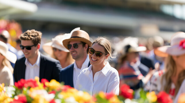 Elegant people enjoying the festive atmosphere at the annual Spring Racing Carnival outdoor horse racing event on a sunny day