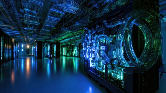 Futuristic data center with glowing blue and green liquid cooling systems