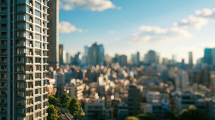 Fototapeta premium Close-up of a modern building contrasts with a distant, hazy cityscape at sunset