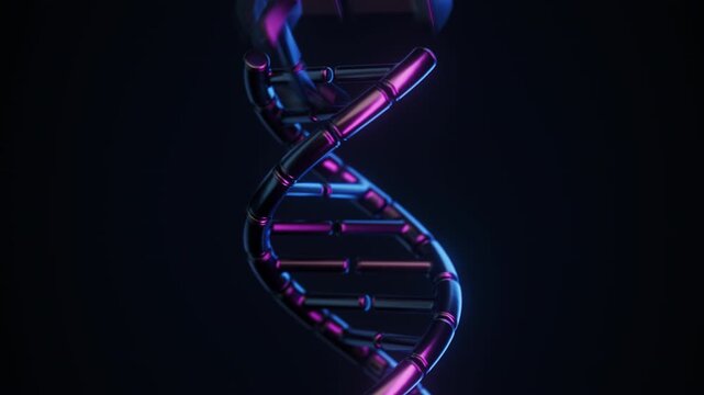 Abstract futuristic DNA double helix assembling from separate neon fragments on black in a spacious wide composition. Mysterious genome formation and genetics science animation. 4K UHD.