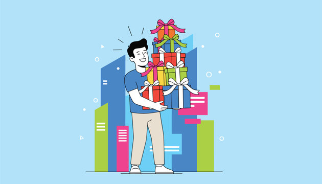 Cheerful young man carrying a tall stack of colorful wrapped gift boxes with ribbons against a stylized abstract city background.